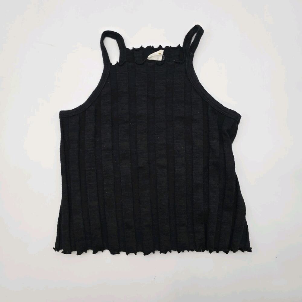 Anthro Akemi Kin Top Womens Medium Black Tank Crop Sweater Lettuce Hem Rib Kaden